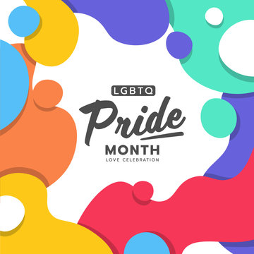LGBTQ Pride month text on abstract colorful rainbow smooth curve and bubble background vector design