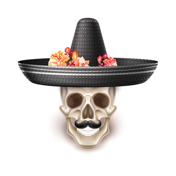 Vector dia de los muertos holiday poster with realistic skull with mustache in sombrero hat with rose flowers . Day of dead mexican traditional holiday like halloween. Festival spooky object