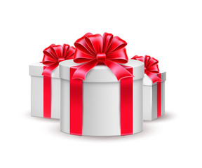 Vector christmas, new year or birthday holiday present boxes, gifts with bright wrapping, silk red ribbon bows. Xmas surprise realistic element, or seasonal sale, discounts design symbol