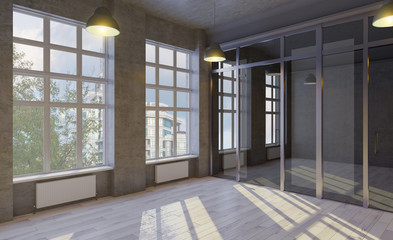 office space of an old building. glass partitions. retro windows. 3D rendering