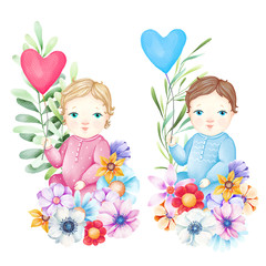 Watercolor baby set. Small children with balloons, flowers, leaves. Girl, boy