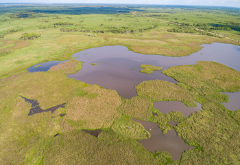 Aerial view of typical Pantanal landscape with lagoons, rivers, meadows and forest, Pantanal Wetlands, Mato Grosso, Brazil