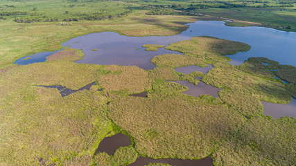 Aerial view of typical Pantanal landscape with lagoons, rivers, meadows and forest, Pantanal...