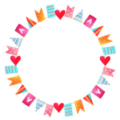 Obraz premium Watercolor holiday baby shower frame. Flags, hearts