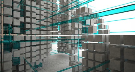 Fototapeta na wymiar Abstract architectural wood and glass interior from an array of cubes with large windows. 3D illustration and rendering.