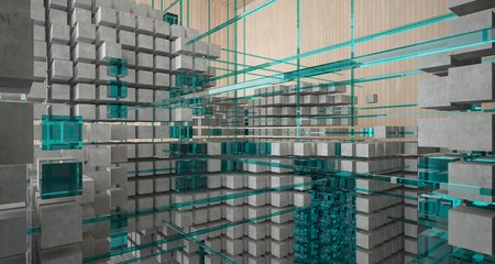 Abstract architectural wood and glass interior from an array of cubes with large windows. 3D illustration and rendering.