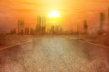 Heatwave on the city with the glowing sun background