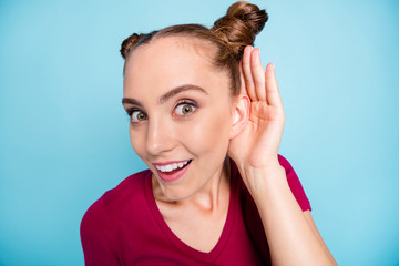 Close up photo of cheerful cute nice pretty positive charming girlfriend listening to private...