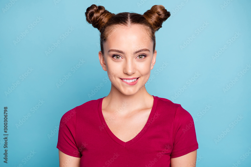 Poster Photo of cheerful positive cute pretty nice beaming toothy girlfriend looking into camera tempting you by biting her lower lip isolated pastel color background