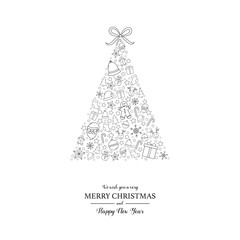 Xmas tree with festive elements and text. Christmas greeting card. Vector