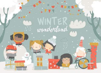 Cartoon different children enjoying winter. Hello snow
