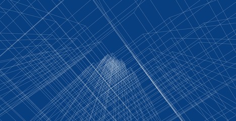 Abstract geometric architectural background, 3D Illustration, Modern architecture wireframe.