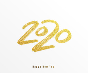 2020 happy new year vector background. Big gold calligraphy hand drawn number with creative golden glitter texture. Greeting text, premium card design