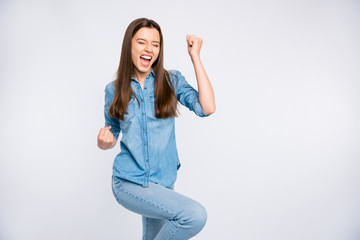 Portrait of her she nice attractive lovely pretty overjoyed satisfied cheerful cheery positive girl having fun rejoicing isolated over light white color background