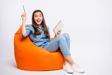 Full size photo of excited surprised girl work on her project have brilliant idea what write hold note book sit on big bag armchair wear denim jeans shirt sneakers isolated over white color background