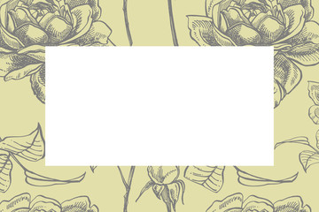 Wild rose flowers drawing and sketch illustrations. Decorative floral set for fabric, textile, wrapping paper, card, invitation, wallpaper, web design. Card template on romantic background