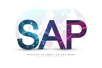 SAP Business process automation software. ERP enterprise resources planning system concept banner template. Technology future sci-fi concept SAP. Artificial intelligence. Vector illustration