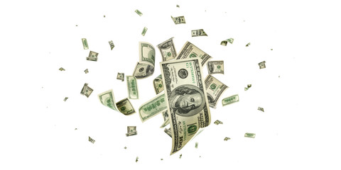 Money stack. Hundred dollars of America. Falling money isolated, us bill.