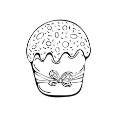 Easter cake or Easter sweet bread or Paska isolated on white background. Festive baking art line style. Easter food. Traditional orthodox food in contour style. Hand drawn vector illustration.