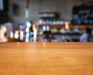 Table top wooden Bar counter Beer tab restaurant Blur background