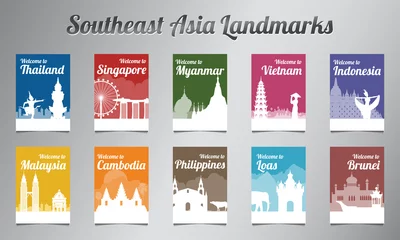 Fotobehang ASEAN famous landmark in silhouette design with multi color style brochure set,vector illustration © Terd486