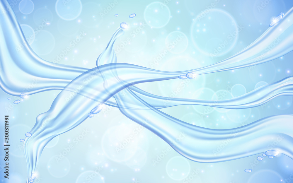 Poster Water waves and splashes isolated on light blue background. Vector illustration.