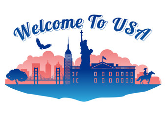 USA top famous landmark silhouette style on island  famous landmark silhouette style,welcome to usa,travel and tourism,vector illustration