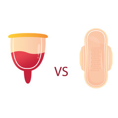 Modern vector illustration of feminine hygiene products. Menstrual cup vs pads. Menstrual protection