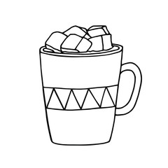 Single hand draw christmas cup of cocoa with marshmallows. Vector illustration for greeting cards, stickers, posters and icon design. Hugge style.