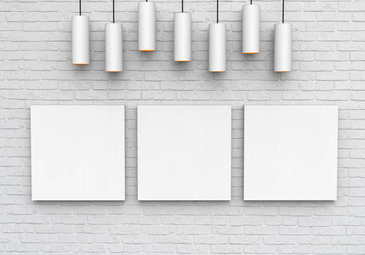 Poster mock up on brick wall with ceiling lamps, ready for design presentation, 3d illustration