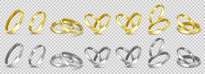 vector gold and silver wedding rings isolated on white - obrazy, fototapety, plakaty