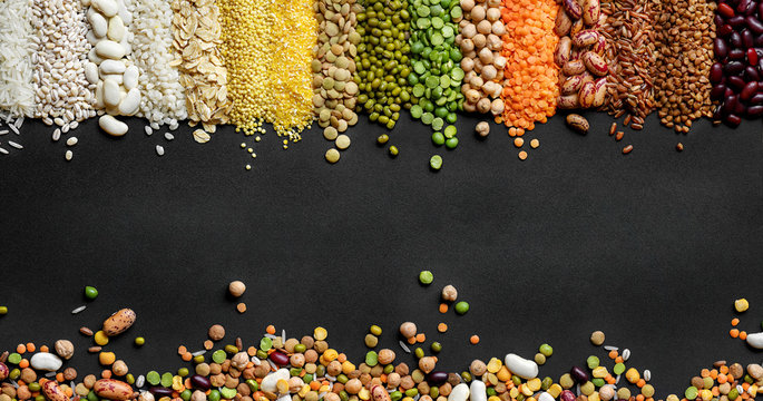 Dried Cereals and legumes colorful background