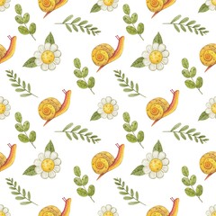 Beautiful seamless background with flowers, snail, pear house. Animated cartoon.  Can be used as a background template for Wallpaper, printing on fabrics, etc.