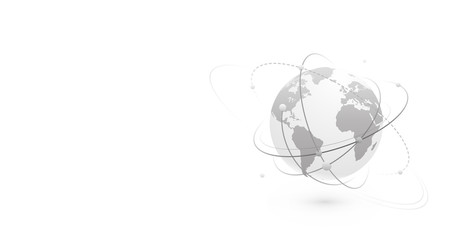 Global network world concept vector banner background with copy space at left side. Technology globe with continents map and connection lines, dots and point. Digital data planet design in flat style