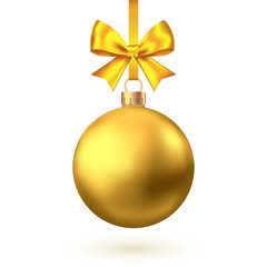 Realistic  gold  Christmas  ball with bow and ribbon.