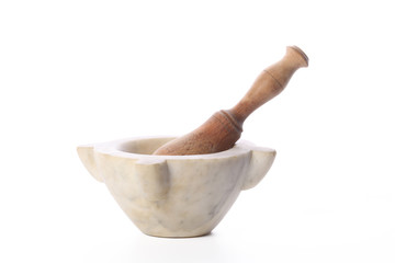 marble mortar and wooden peslte isolated on white background with clipping path and copy space for...