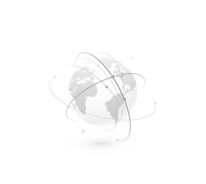Global Network World Concept Vector Background. Technology Globe With Continents Map And Connection Lines, Dots And Point. Digital Data Planet Design In Simple Flat Style, Monochrome Color