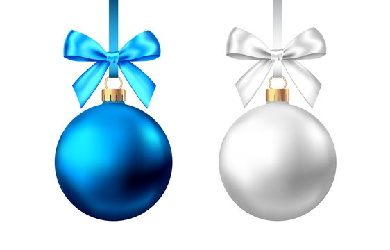 Realistic  blue, silver  Christmas  balls  with bow on white background.