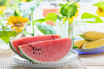 真夏のスイカとヒマワリの花 Poster Posters Wallsheaven Taiyosun