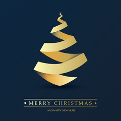 Cover, Invitation, Poster, Banner, Flyer, Placard Design with Christmas Tree Composition - Dark Blue and Golden Colors, Paper Cut Style, Vector Illustration
