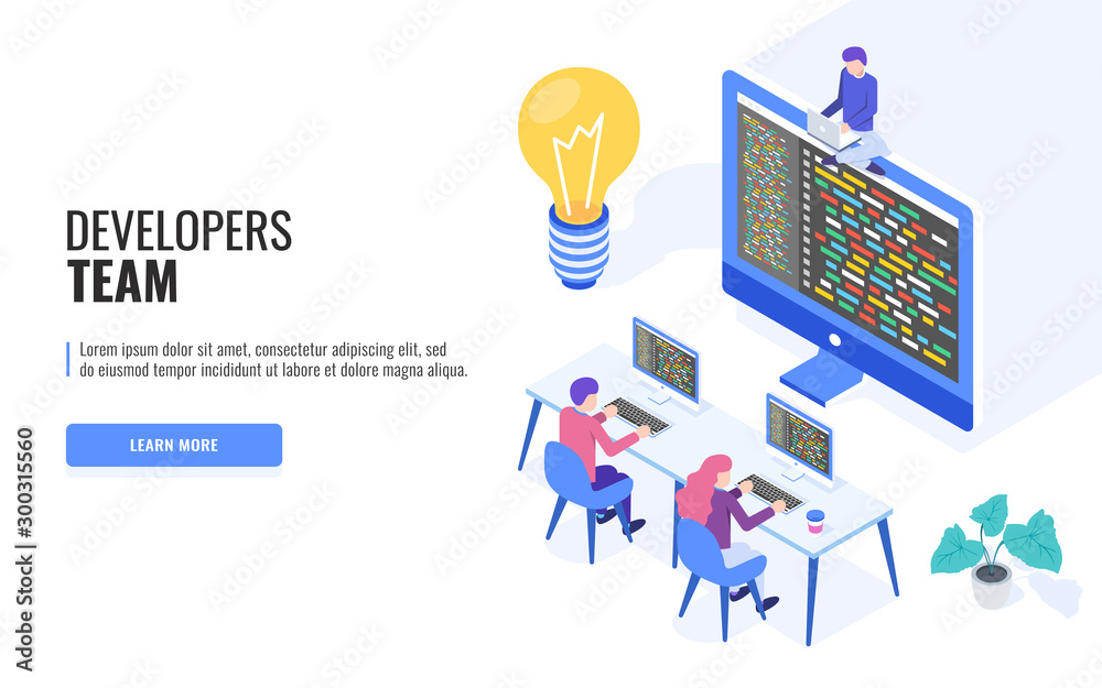 Poster engineer team at project development, template for developer. woman and man work at computers. web b