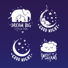 Sweet dreams good night typography set. Vector vintage illustration.