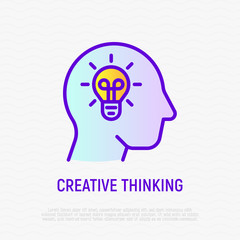 Creative thinking: light bulb in head. Thin line icon. Genius idea, innovation. Modern vector illustration.