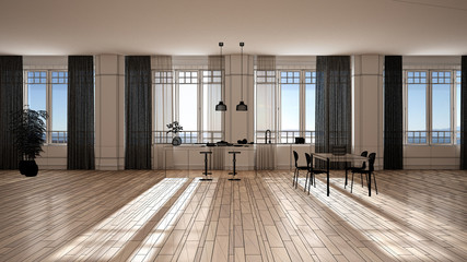 Empty white interior with parquet and panoramic windows, custom architecture design project, black ink sketch, blueprint showing modern kitchen, concept, mock-up, architect idea