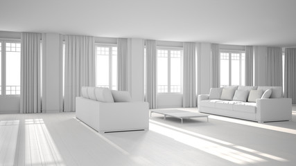 Total white project draft of open space with sofa interior design, modern living room, lounge with big panoramic windows with curtains, parquet, classic architecture concept idea