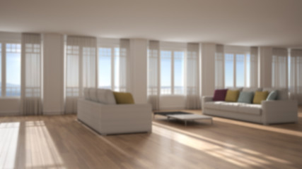 Fototapeta na wymiar Blur background interior design: open space with sofa, modern living room, lounge with big panoramic windows with curtains, parquet, stucco walls, classic architecture concept