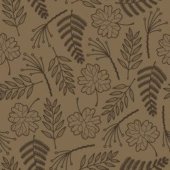 Vector nature texture seamless pattern in brown. Simple doodle different leaf shape hand drawn made into repeat. Great for background, wallpaper, wrapping paper, packaging, kids fashion.