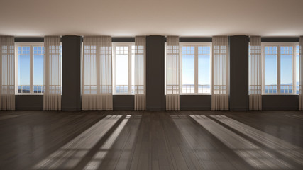 Empty room interior design, background with copy space, open space with big panoramic windows with curtains and sea view, parquet, stucco molded walls, classic architecture concept