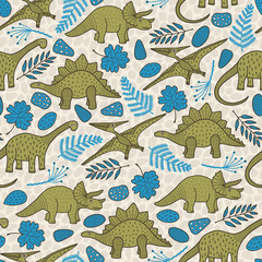 Vector dino seamless pattern in green and blue. Simple doodle dinosaur, leaf and rock hand drawn made into repeat. Great for background, wallpaper, wrapping paper, packaging, kids fashion.