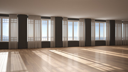 Obraz premium Empty room interior design, background with copy space, open space with big panoramic windows with curtains and sea view, parquet, stucco molded walls, classic architecture concept